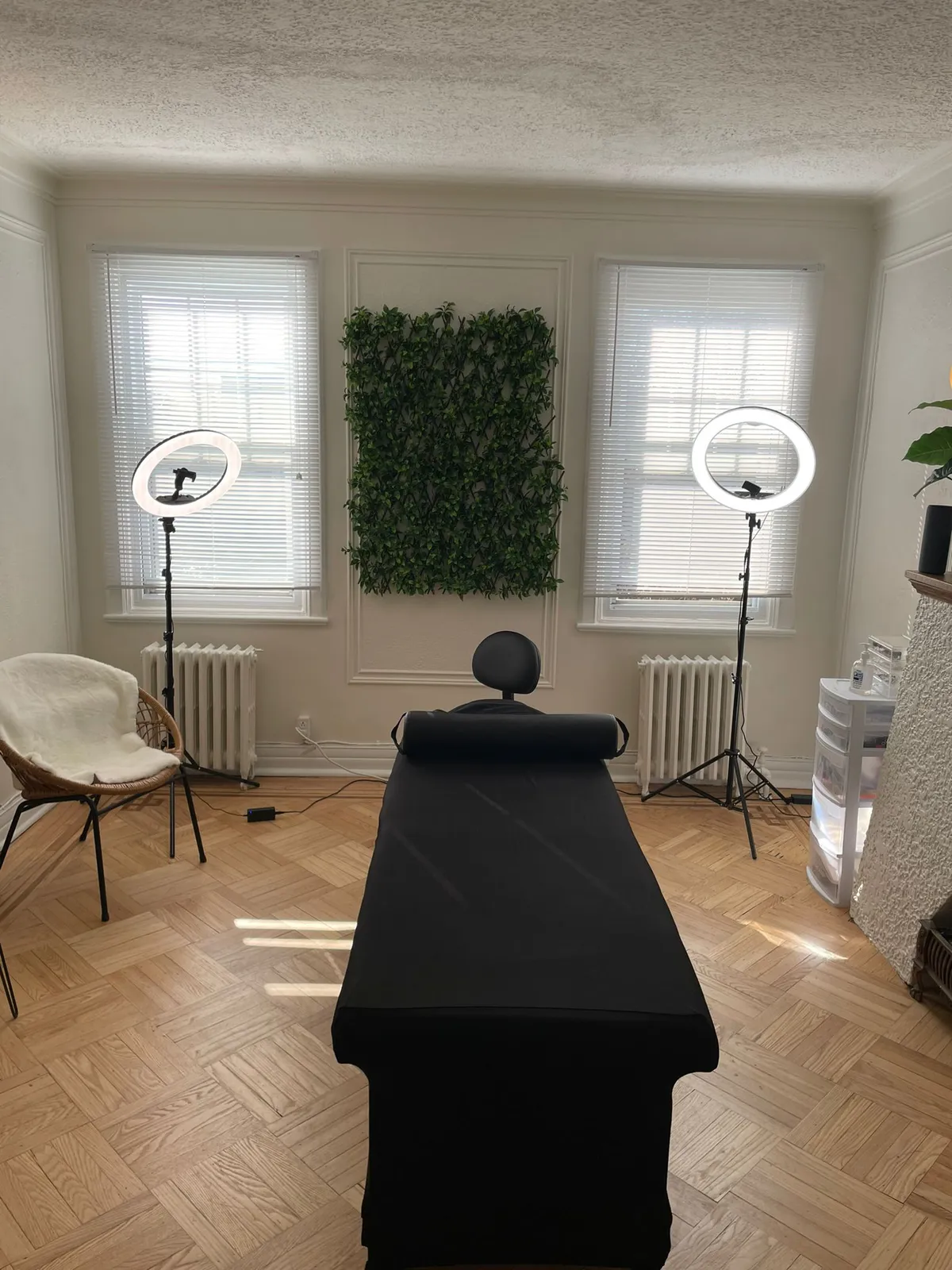 Treatment room with black bed and green wall
